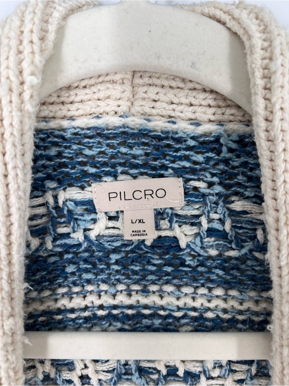 Pilcro Cream Blue Floral Instarsia Knit Shawl-Collar Open Bohemian Cardigan L/XL - Picture 6 of 9